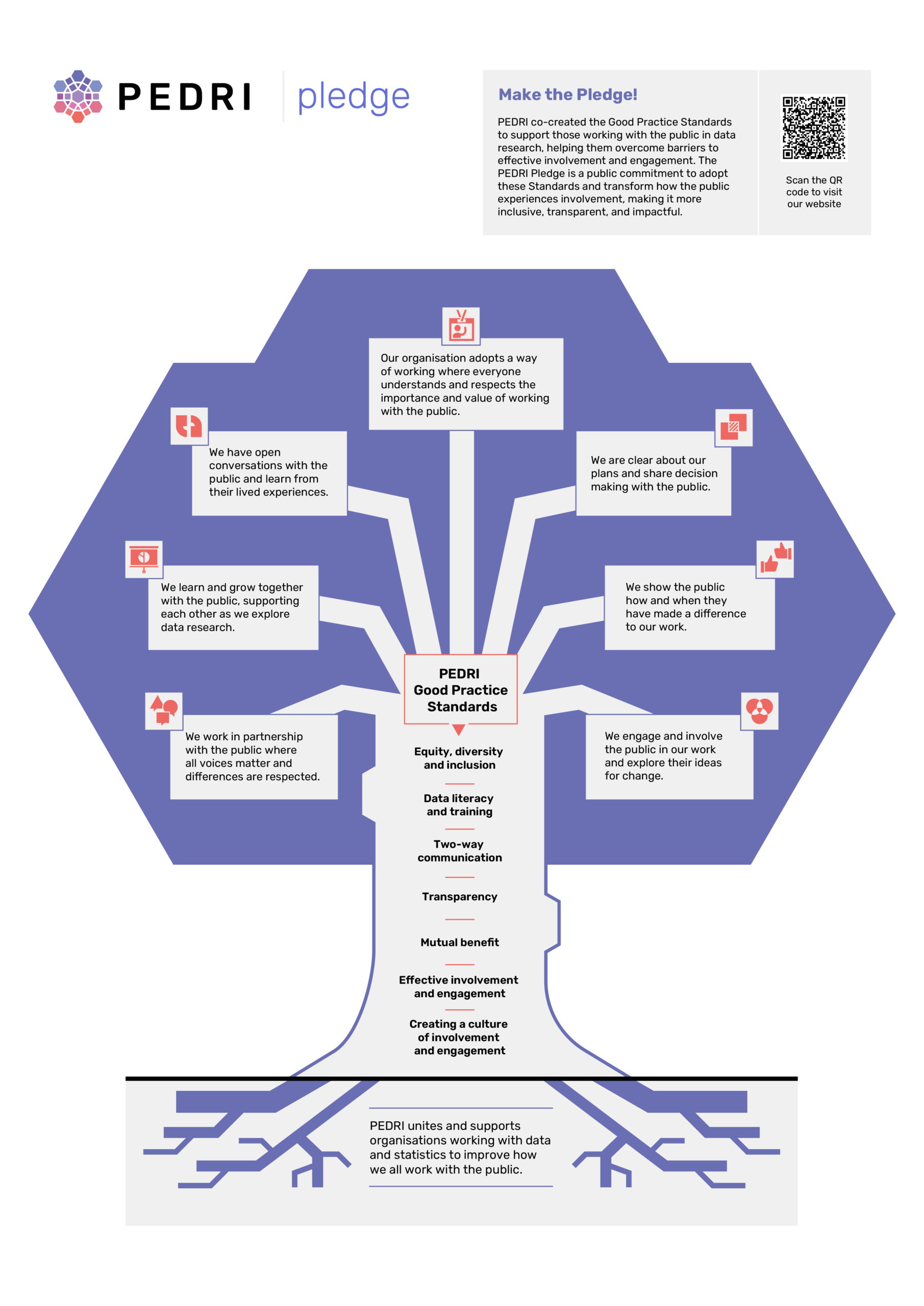 Tree graphic representing the Pledge. PEDRI are the roots, the Good practice Standards are the tree trunk, and the Pledge are the branches.