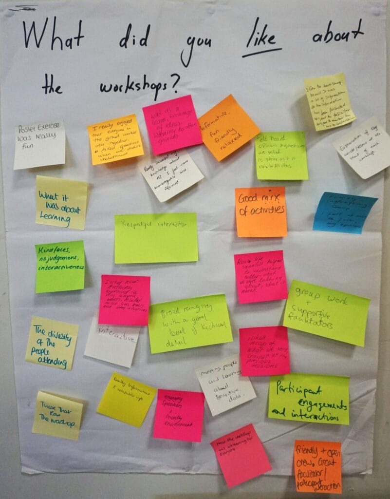 Board filled with post-it notes in response to "what did you like about the workshops?"
